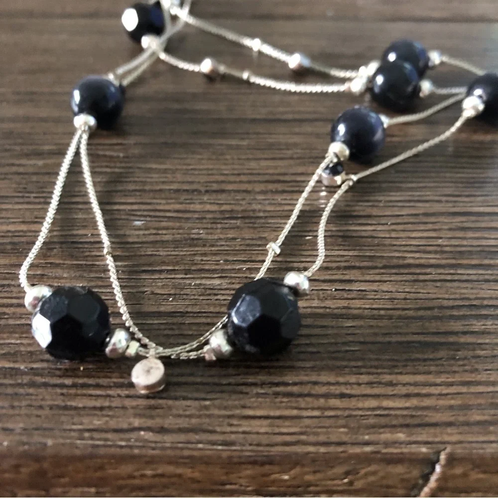 Sliver Metal with black bead long necklace